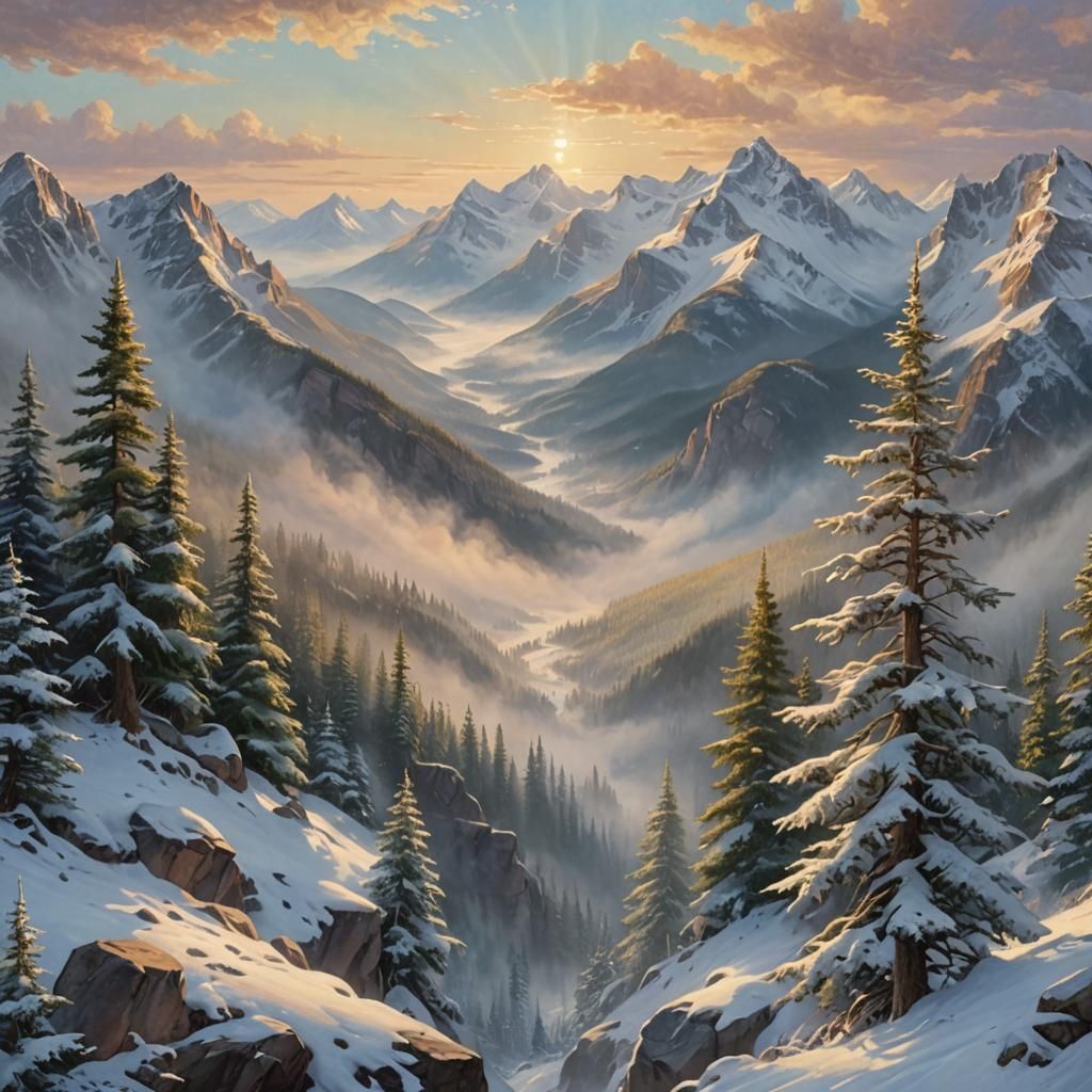 Snowy Canadian Rockies Landscape in Hudson River Style