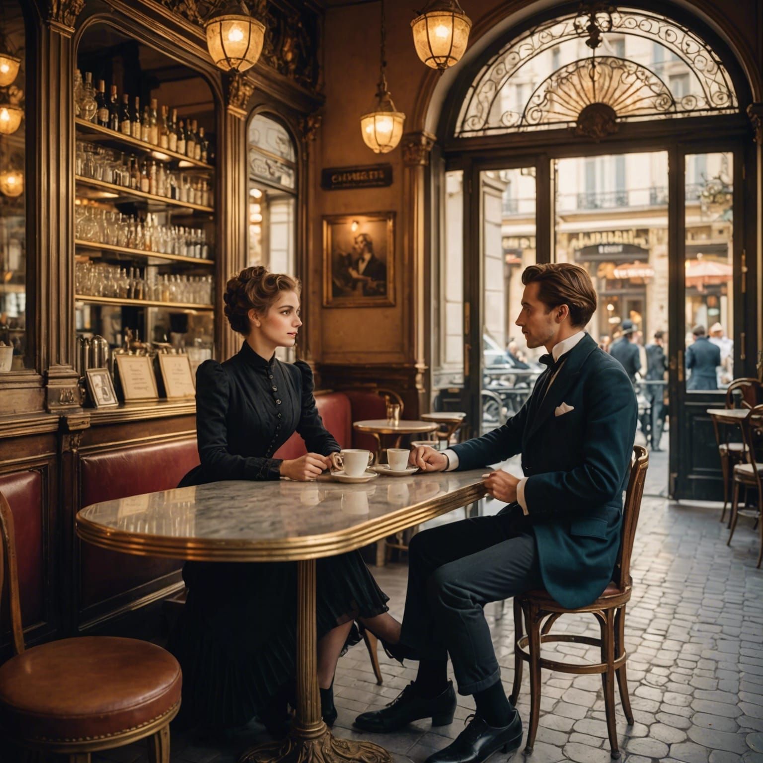 Belle Époque Scene: Parisian Cafe Interior at Sunrise