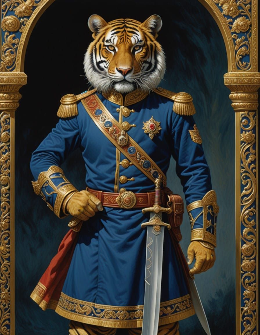 Tiger in Regal Blue and Gold Captain Uniform with Khukuri