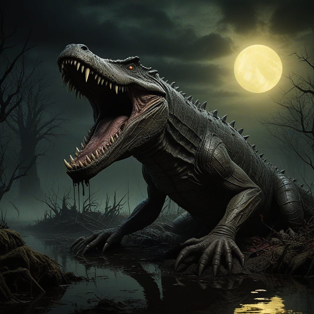 Demonic Alligator Rises Under Crimson Blood Moon
