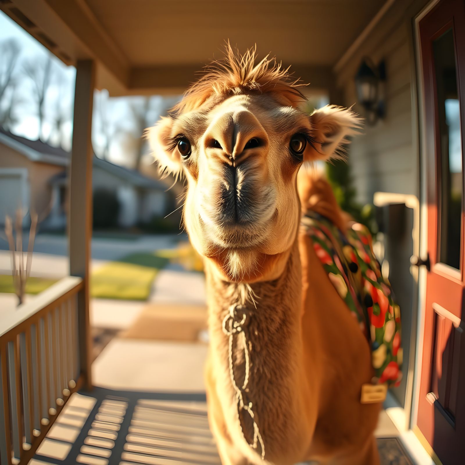 A Camel Surprises the Homeowner on the Porch