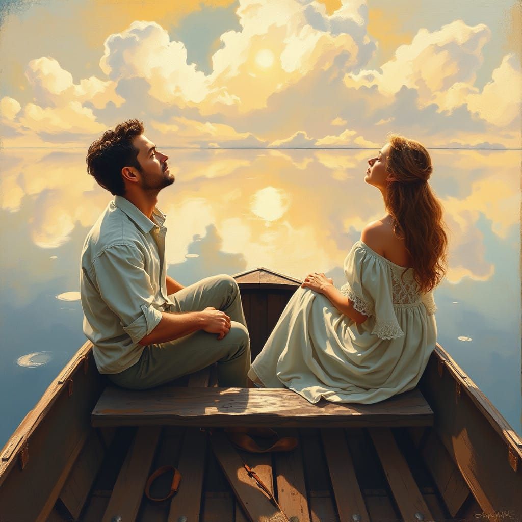 Serene Couple Gazing at Cloud Reflections in Rowboat