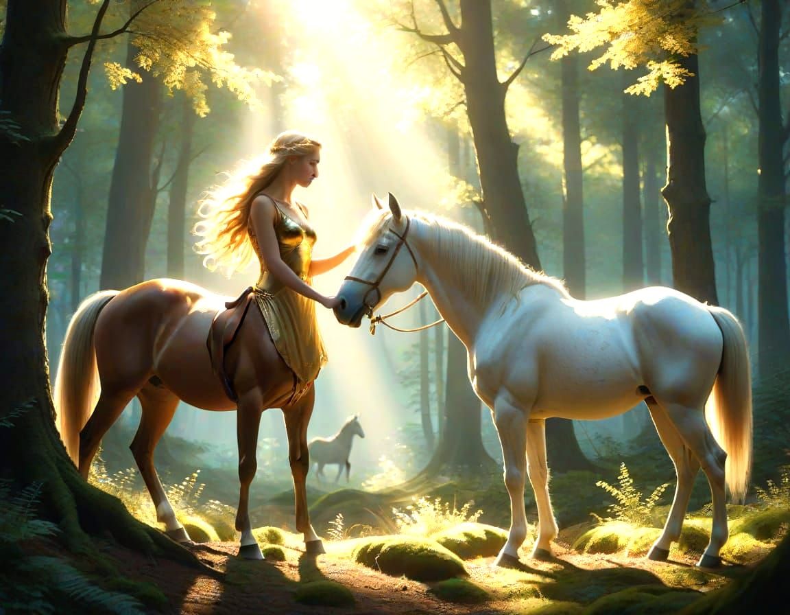 Ethereal Centaur Meets Radiant Nymph in Idyllic Woodland Sce...