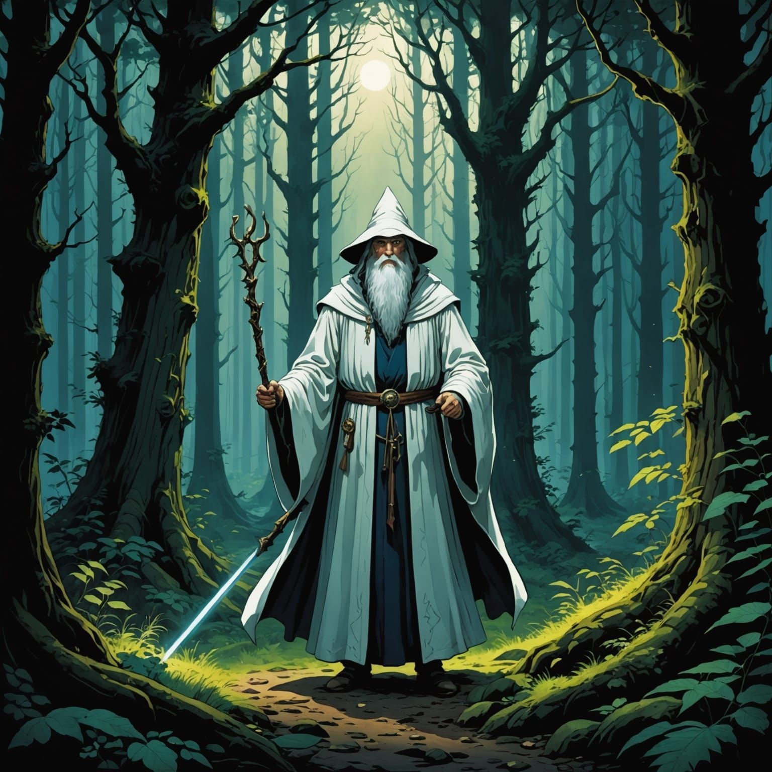 Anime Wizard in Dark Forest, Studio Ghibli Style