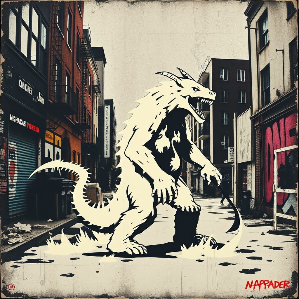 Cryptid Street Art in Banksy Stencil Style