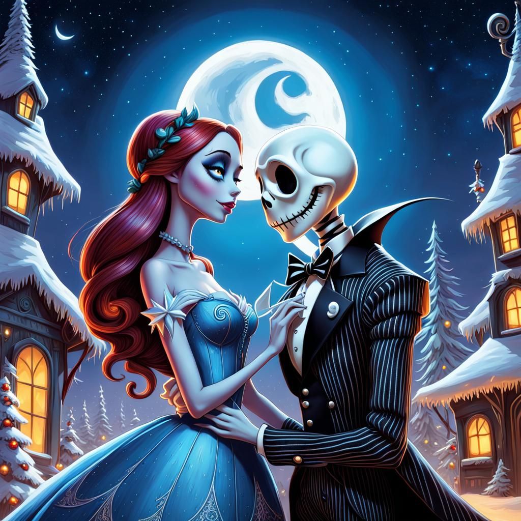 Skellington and Sally Holiday Portrait in Artgerm Style