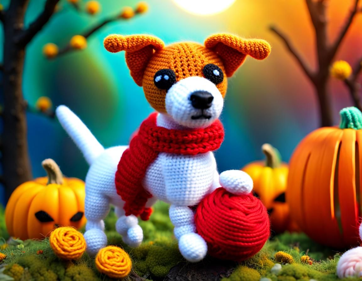 Cute Knitted Halloween Dog on Broom in Garden