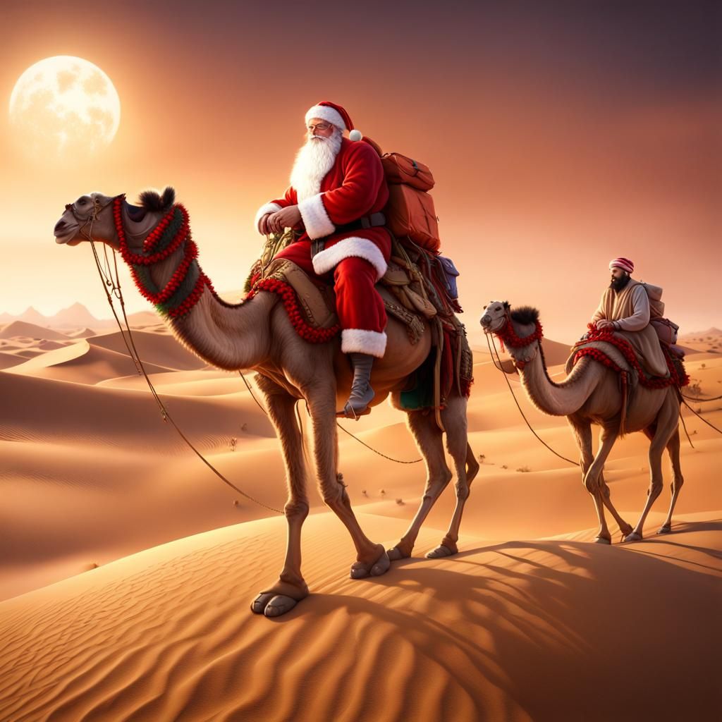 Santa Claus on Camels in Desert Landscape