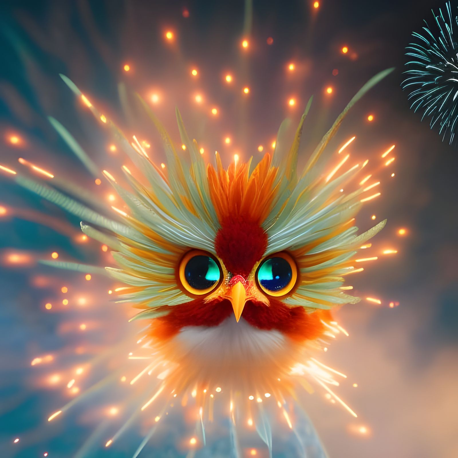 Cute Baby Phoenix Bird in Fireworks Display