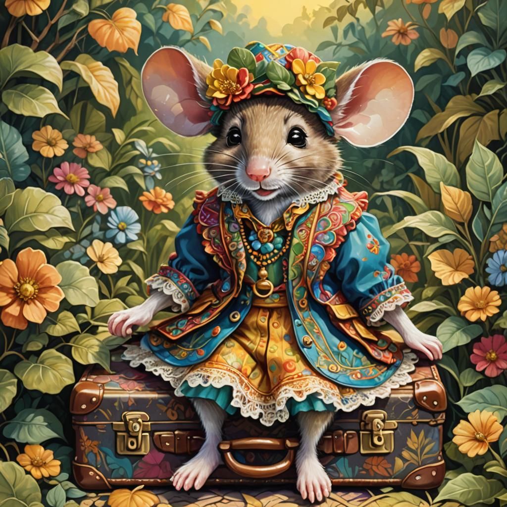 Cute Gypsy Mouse in Cartoon Oil Painting Style