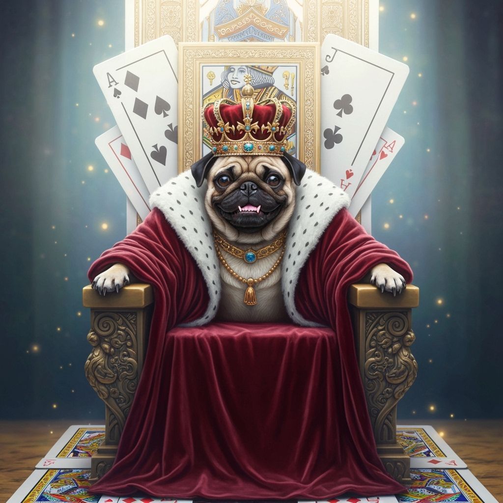 Regal Pug King on Playing Card Throne