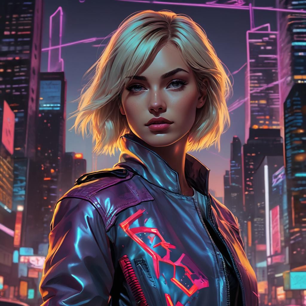 Retrofuturistic Woman in Neon Cityscape Comic Art