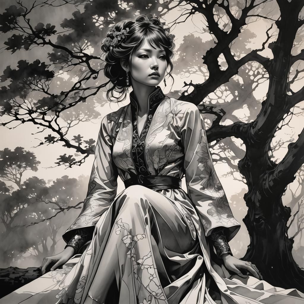 Ink Drawing: Girl Waiting at Sunset