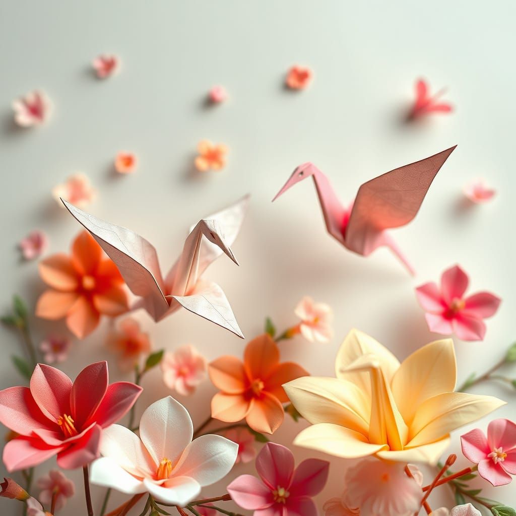 Origami Cranes and Flowers in Japanese Anime Style