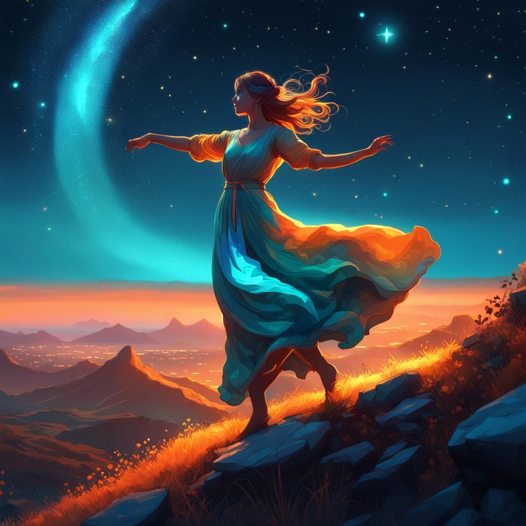 Girl Dancing in Starry Night, Digital Art