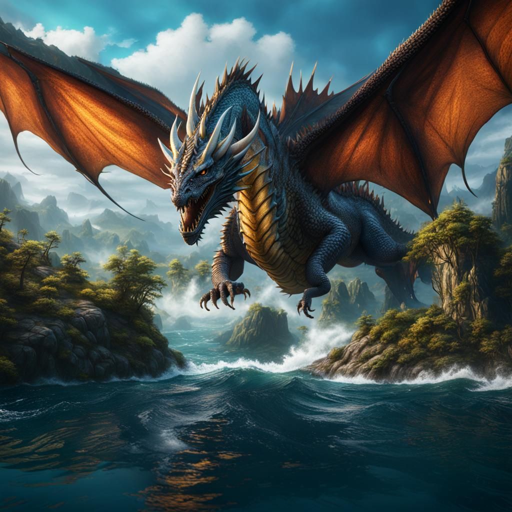 Majestic Dragon Swimming: Detailed Fantasy Art