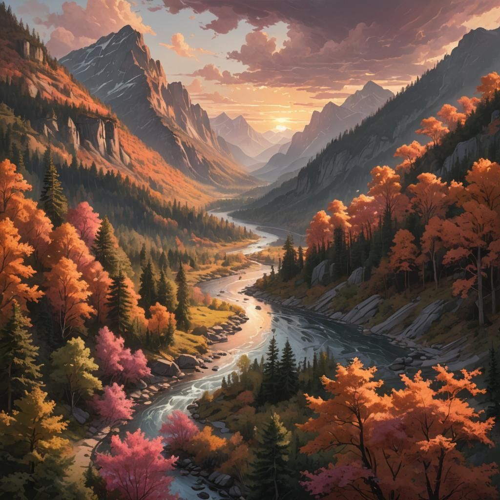 Vibrant Forest Landscape with River and Mountains