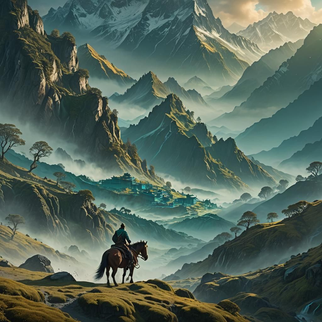 Fantasy Horseman Rides Through Misty Mountains