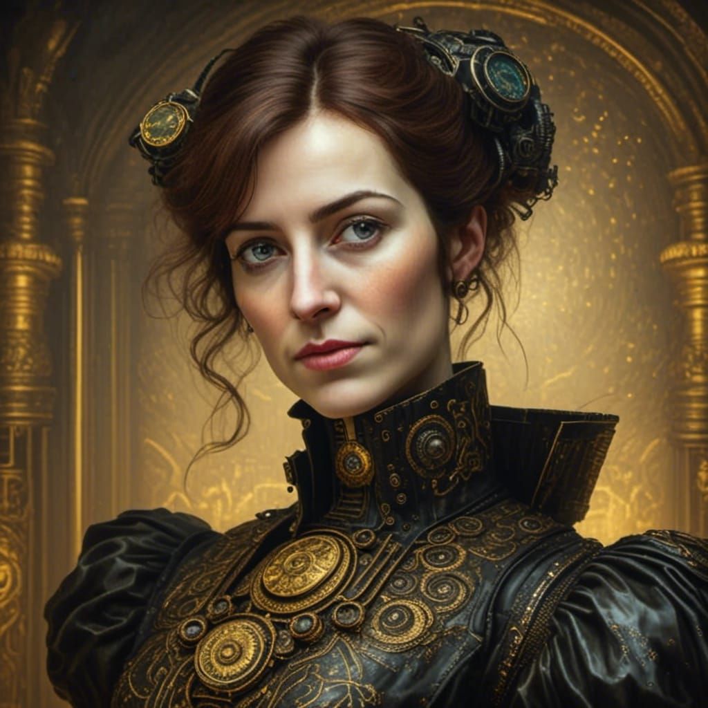 Elegant Woman Portrait in Klimt-Inspired Oil Painting