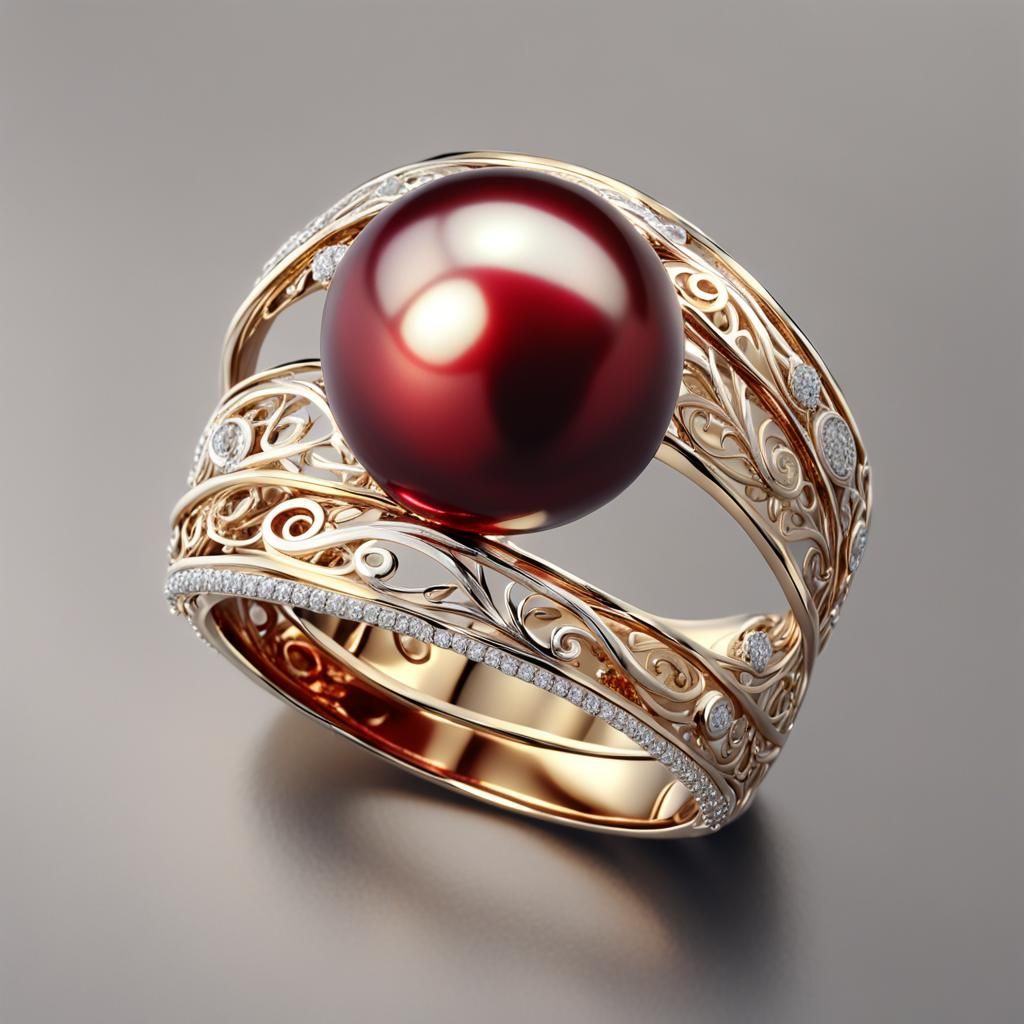 Luxurious Red Pearl Ring in Silver: 3D Rendering
