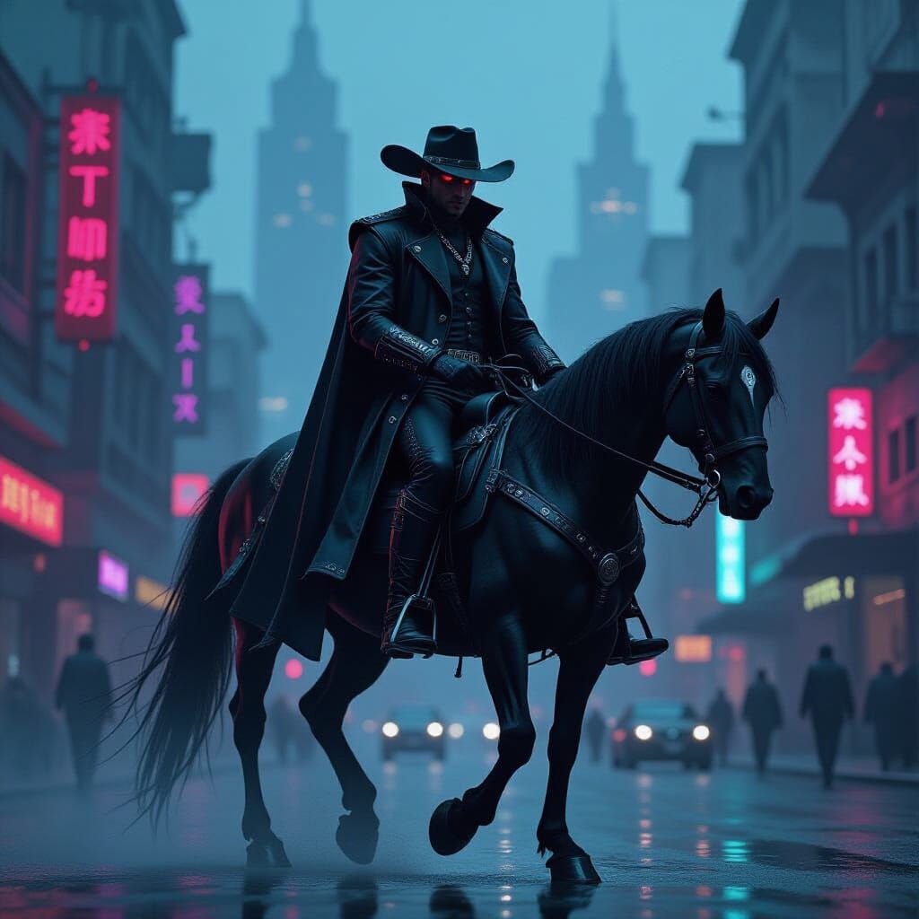 Cyberpunk Cowboy Rides Through Gothic Cityscape