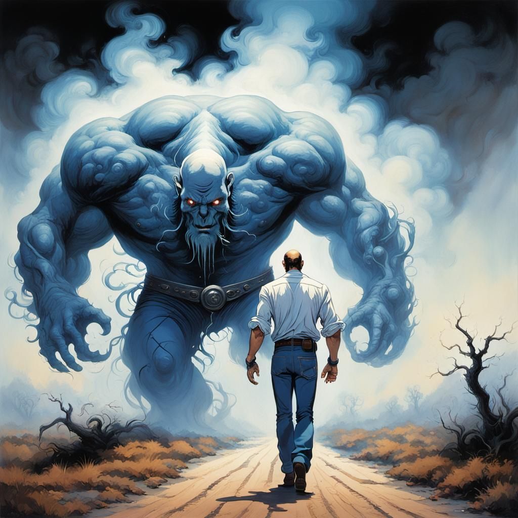 Muscular Man Walks Dusty Road in Dark Fantasy Style