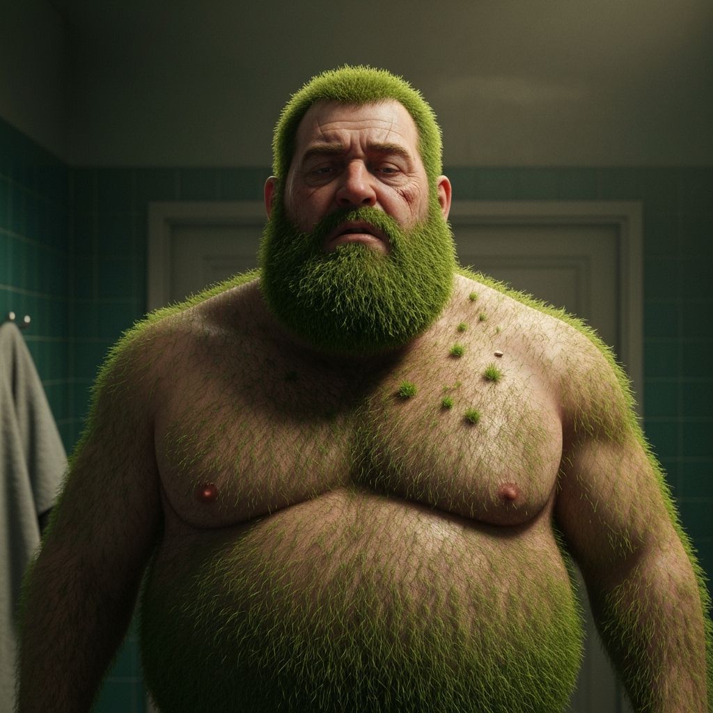 Exhausted Man with Grass Hair in Cinematic Lighting