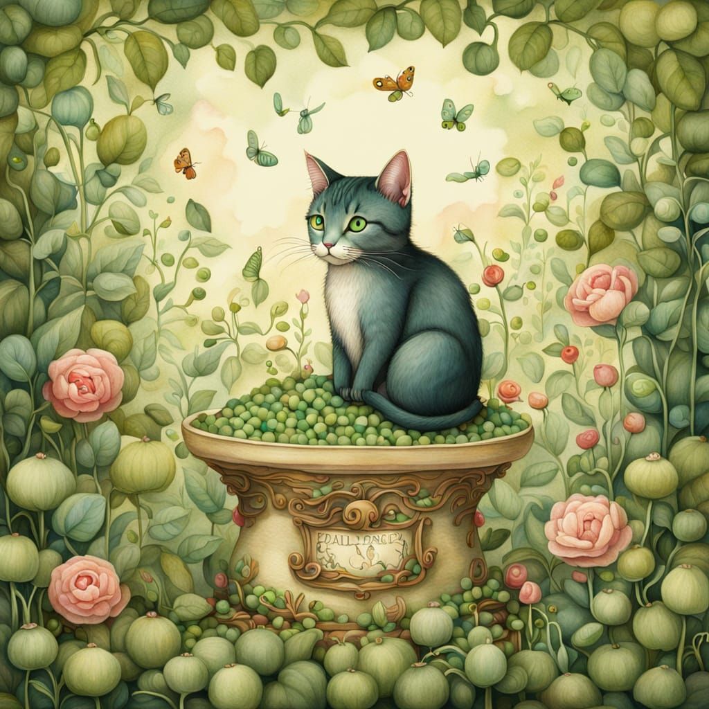 Whimsical Cat in a Garden of Green Peas