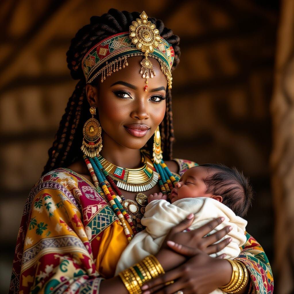 Zulu Princess and Child in Traditional Garb