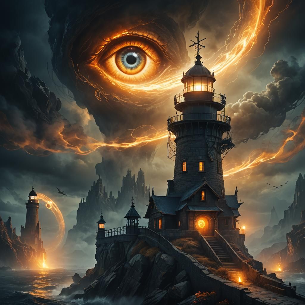 Eerie Evil Eye on Lighthouse: Dark Fantasy Art
