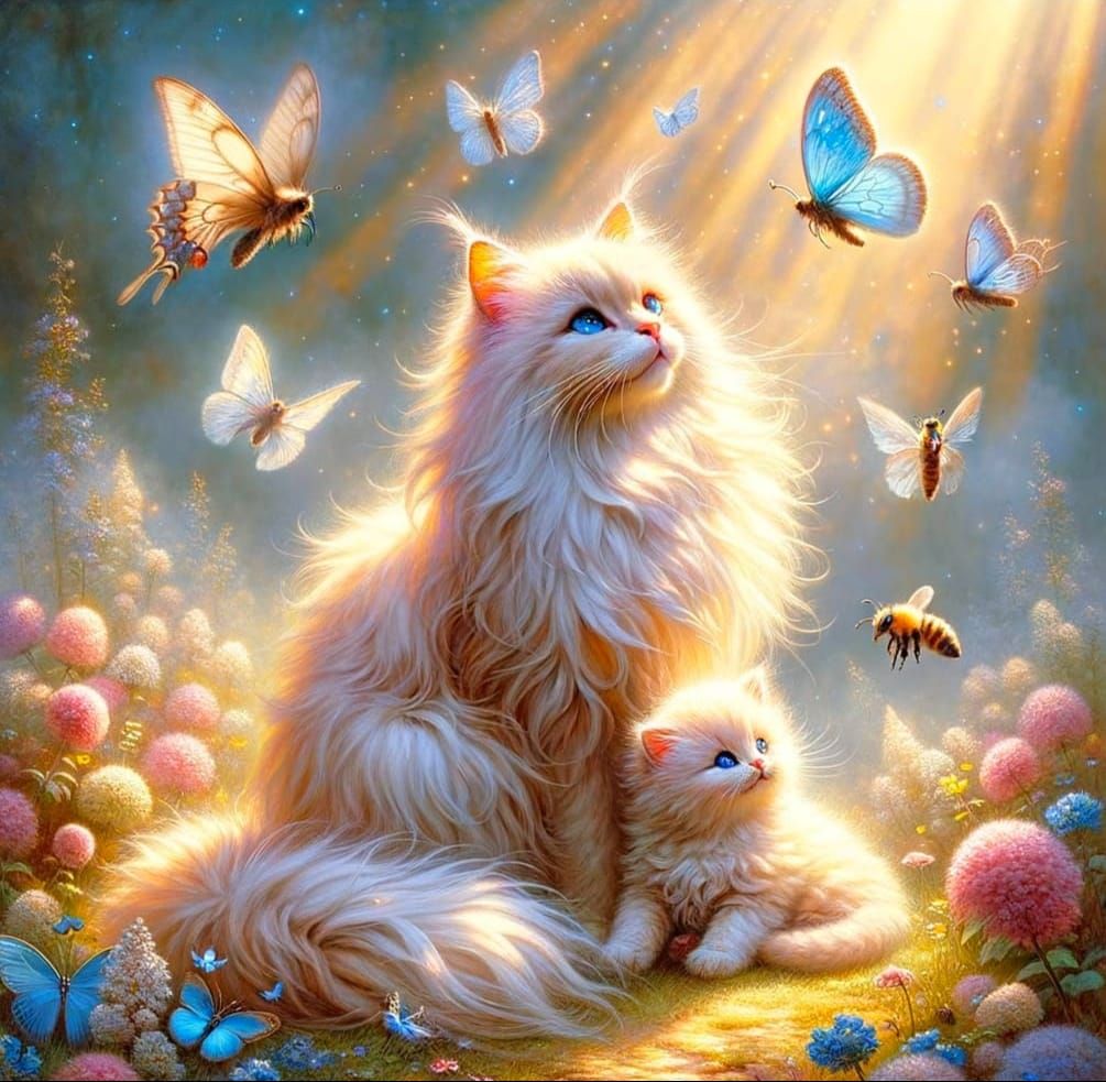 Mother Cat and Kitten in a Whimsical Spring Meadow