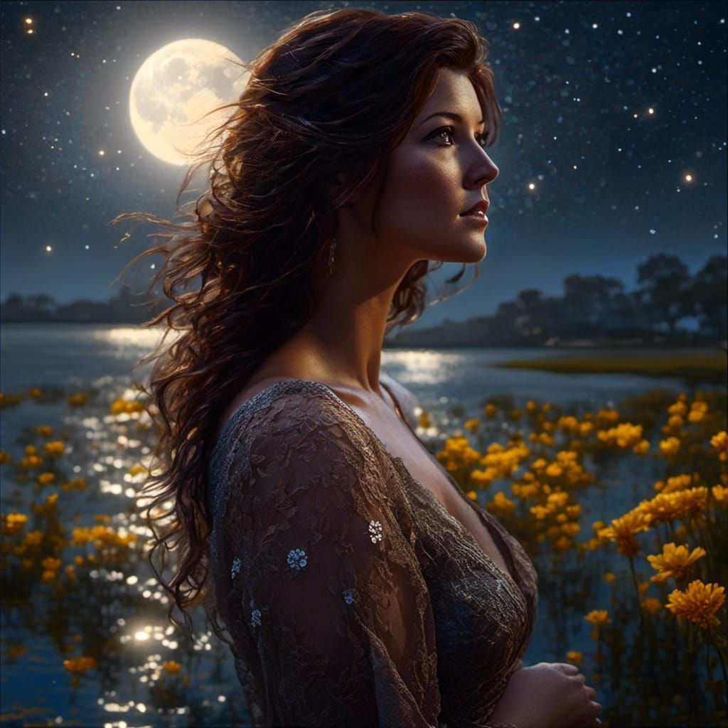 Moonlit Woman Gazing at Stars in 3D Realism