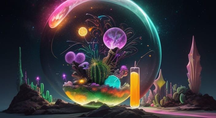Whimsical Digital Art of Fairy and Cactus in Vibrant Cosmic...