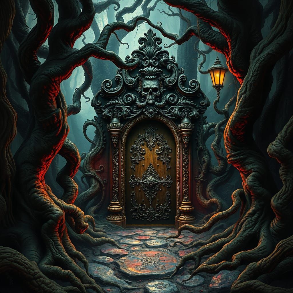 Surreal Portal in Eerie Forest: Dark Romanticism