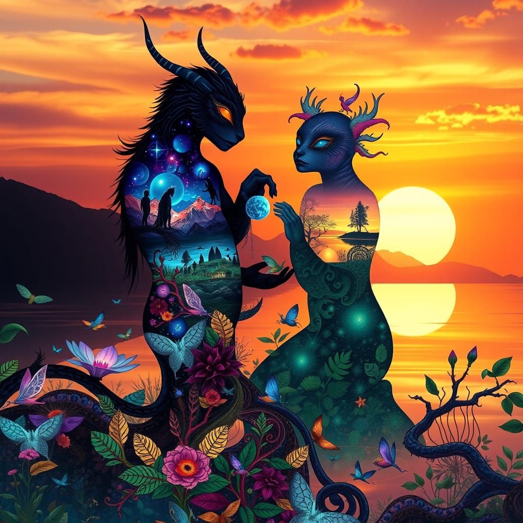 Surreal Collage of Mythical Creatures in Dreamlike Sunset La...