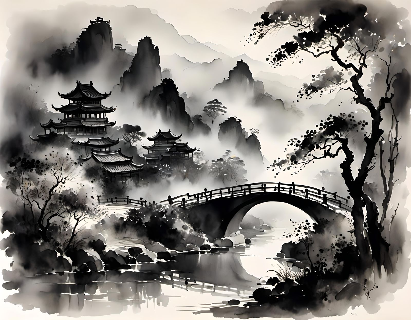 Dark Night Landscape in Chinese Ink Wash Style