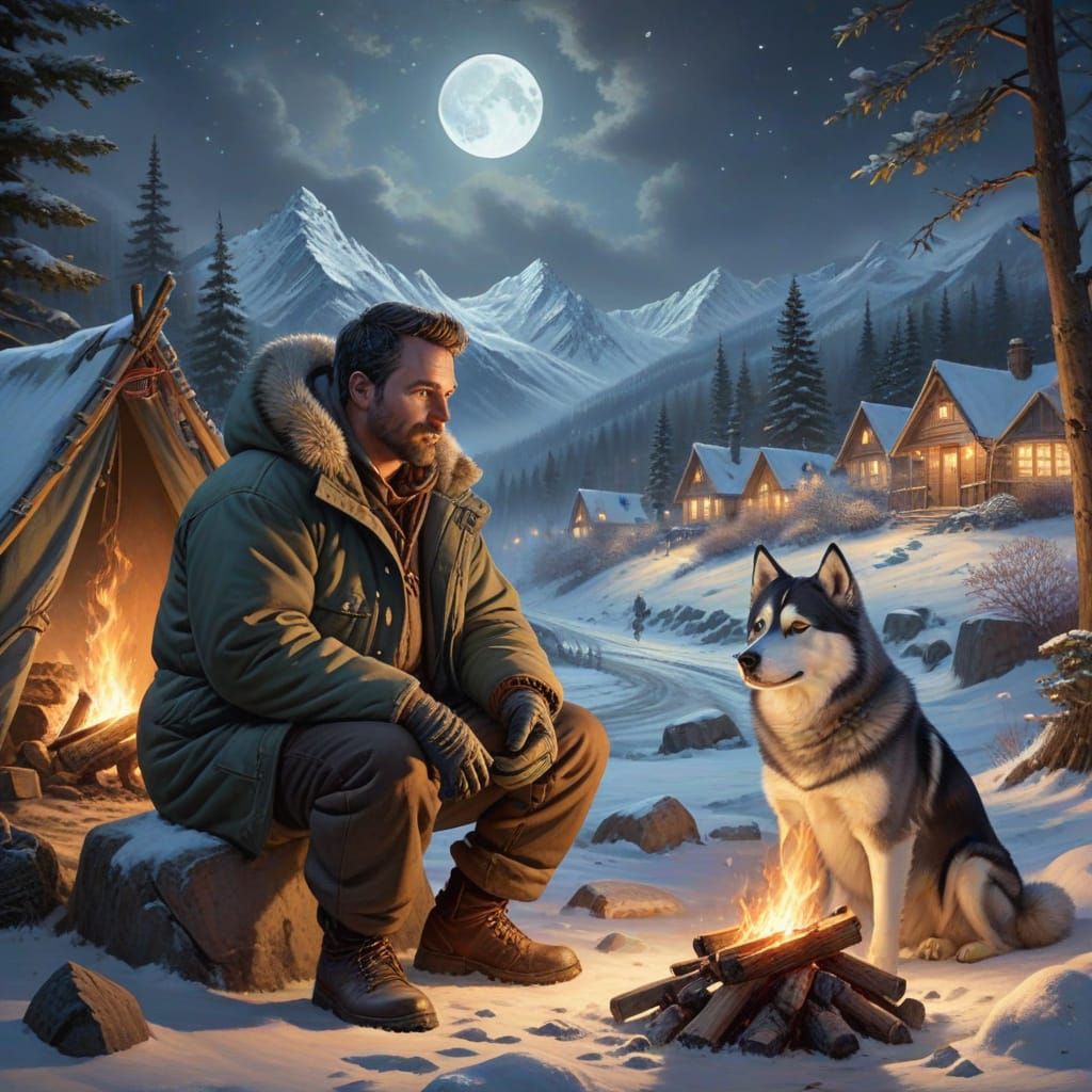 Winter Mountain Campsite with Majestic Husky