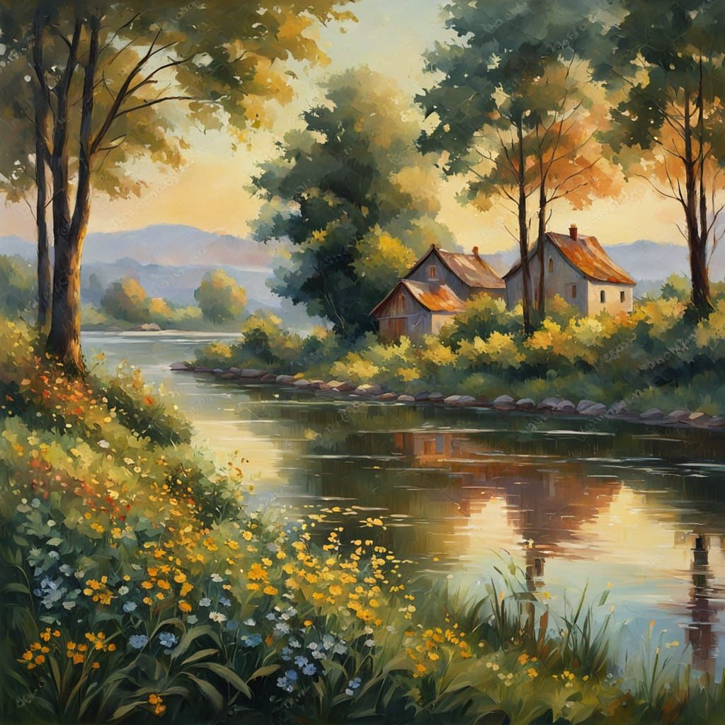 Idyllic Lakeside Village in Impressionist Style