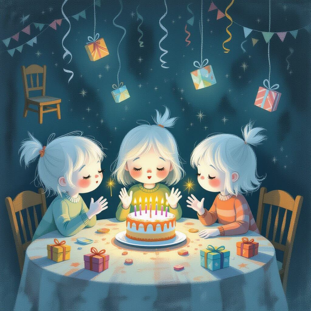 Ghostly Children Celebrate Birthday in Chalk Pastel Style