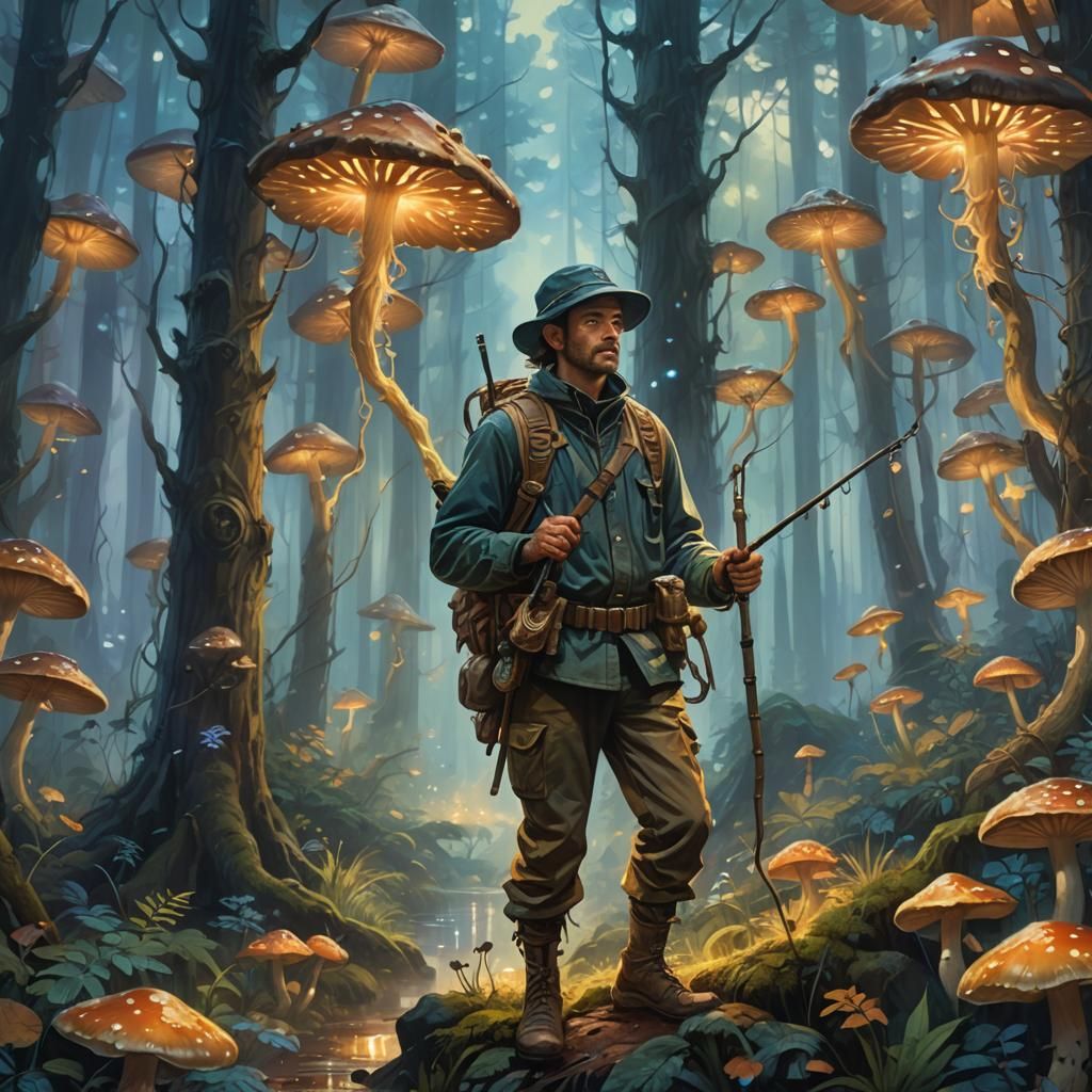 Hunter in Mystical Forest, Vibrant Oil Painting