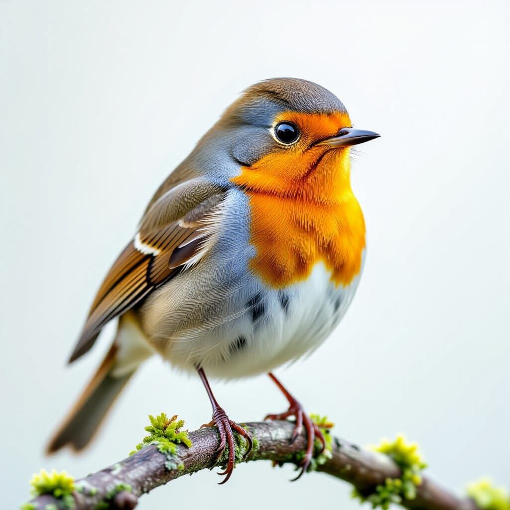 Hyperrealistic Robin Perched on Mossy Branch