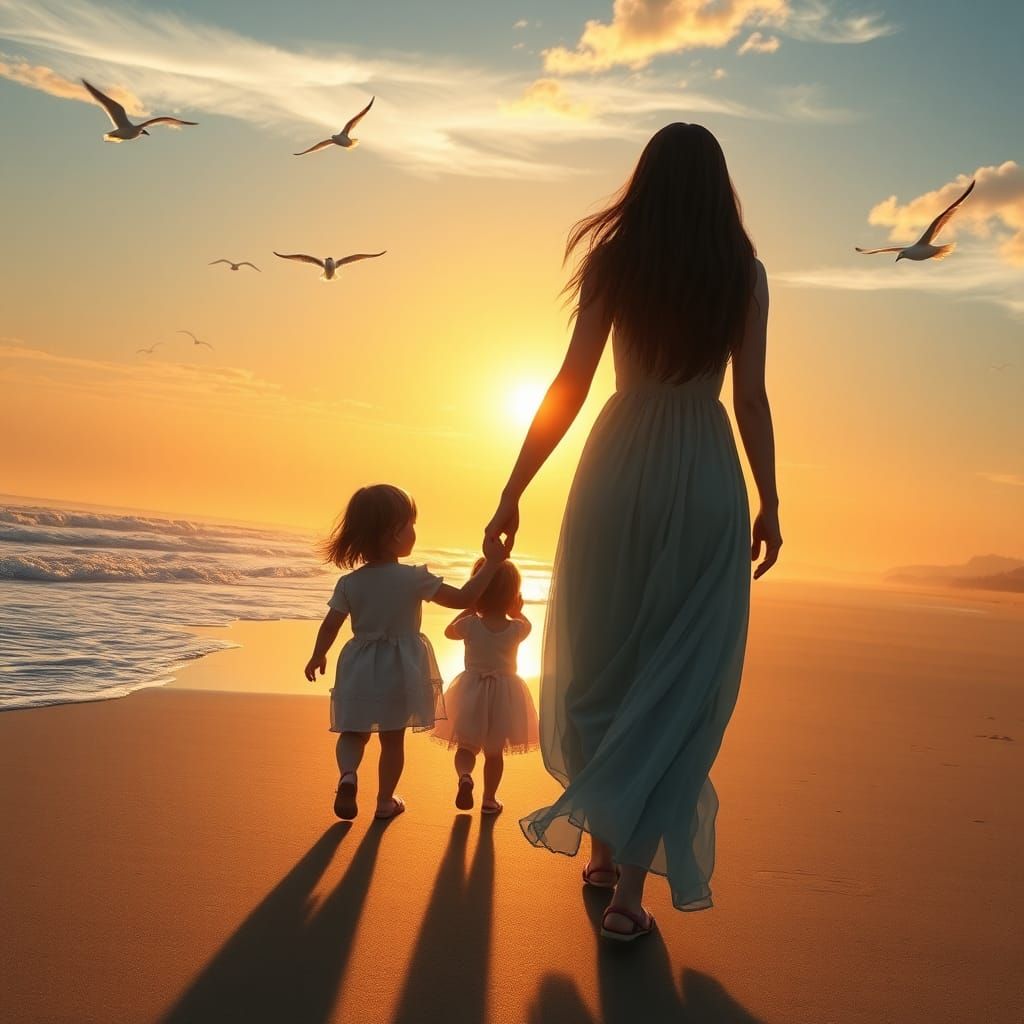 Mother and Daughters on Beach at Sunset