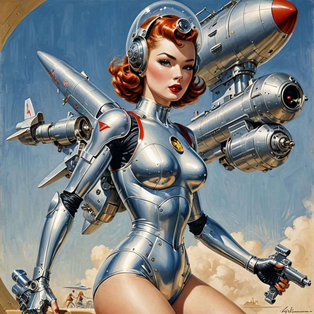 Retro Sci-Fi Pinup: Metallic Cyborg in Space