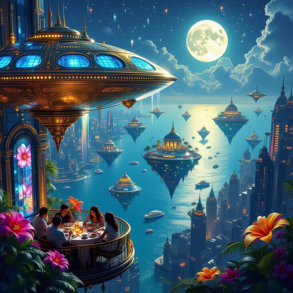 Retro Sci-Fi Cityscape with Spaceship and Floating Palaces