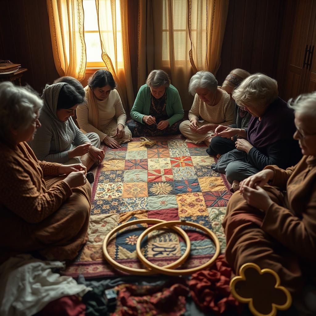 Golden-Lit Quilting Circle: A Generational Bond