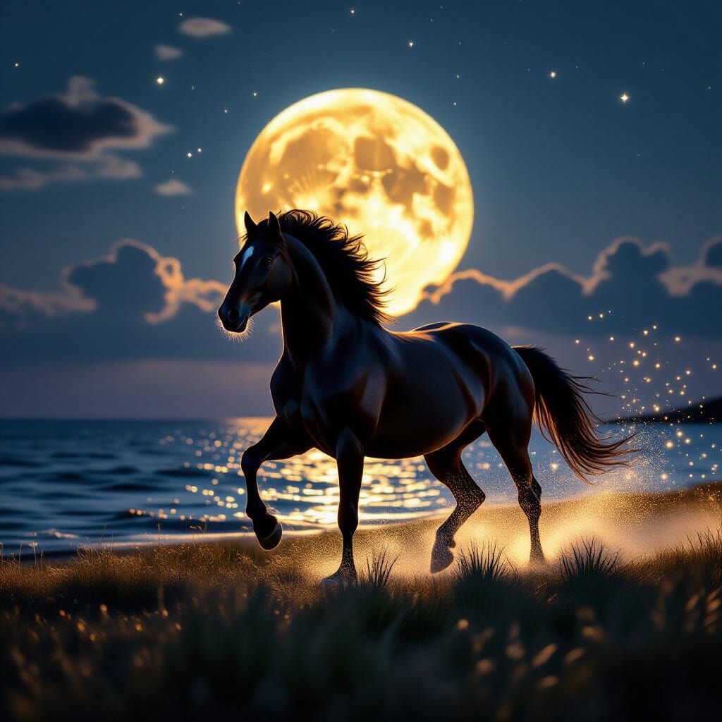 Stallion Gallops Across Moonlit Sea
