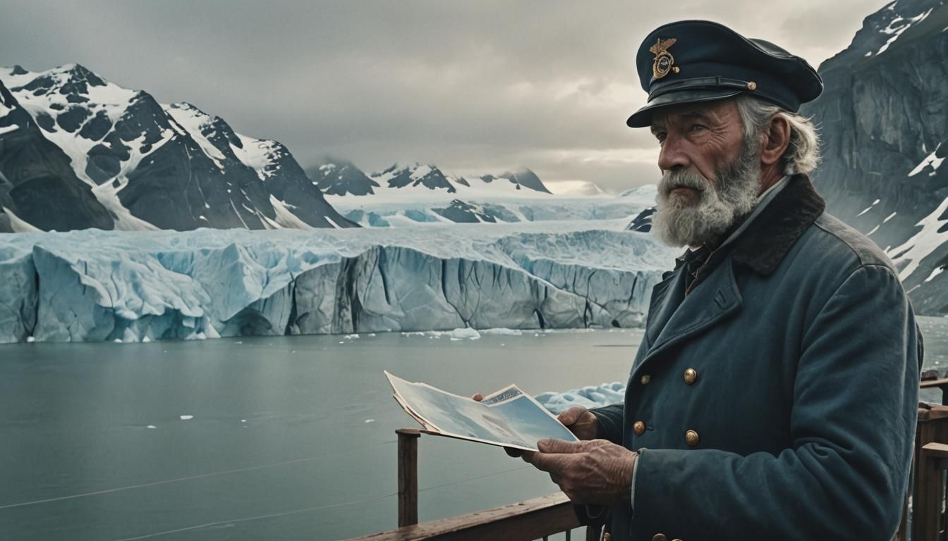 Sea Captain Gazes at Glacier in Fog: Cinematic View