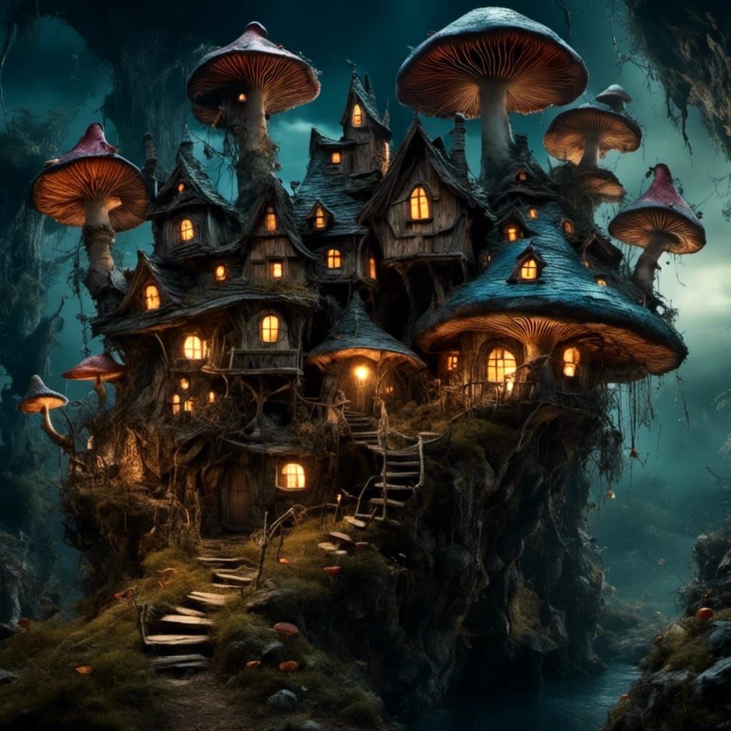 Eerie Mushroom Village in Fairyland at Night