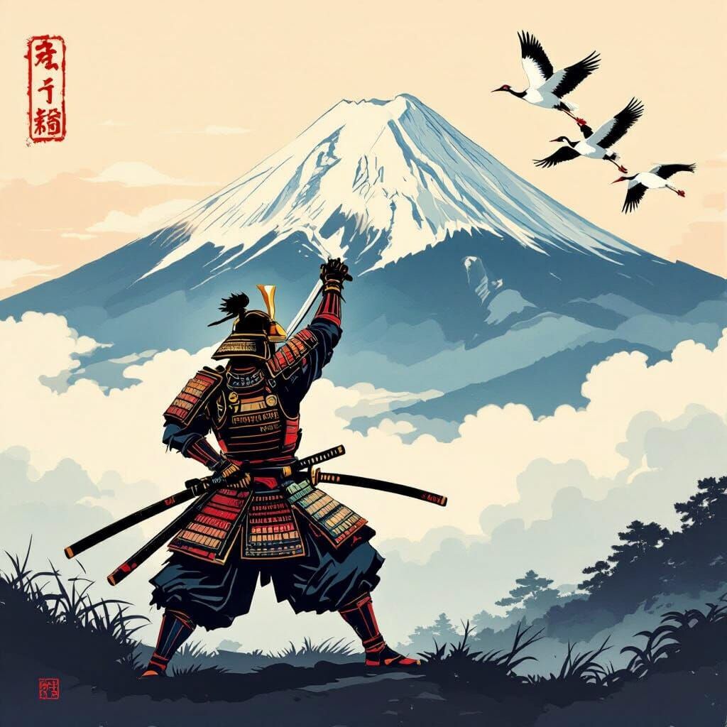Samurai in Armor with Katana, Mount Fuji Background