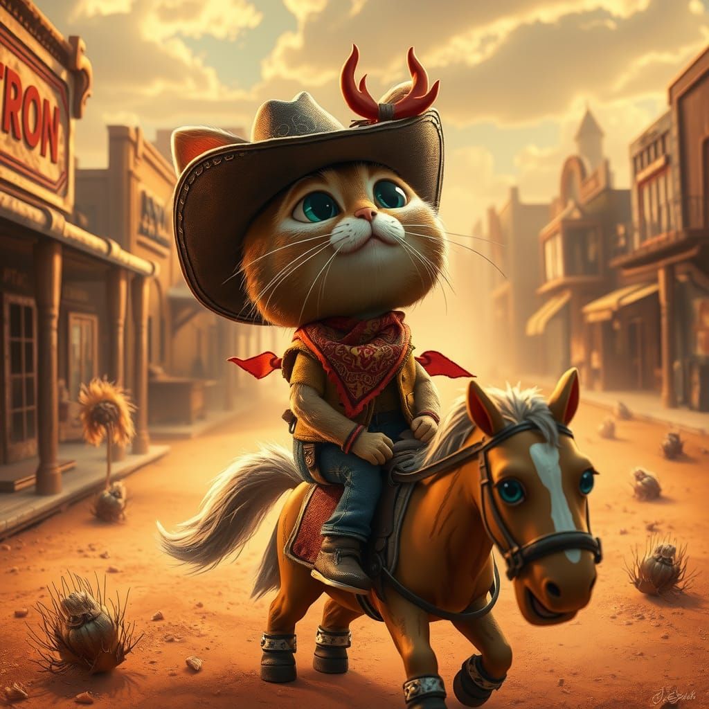 Cowboy Cat Rides Again in Western Town